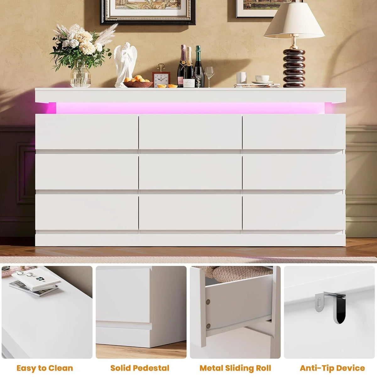 Acekool Nine Drawer Dresser With LED Lights And Charging Port