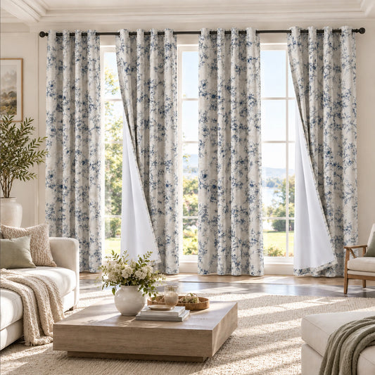 Floral Print Blackout Curtains With Thermal Insulation And Grommets