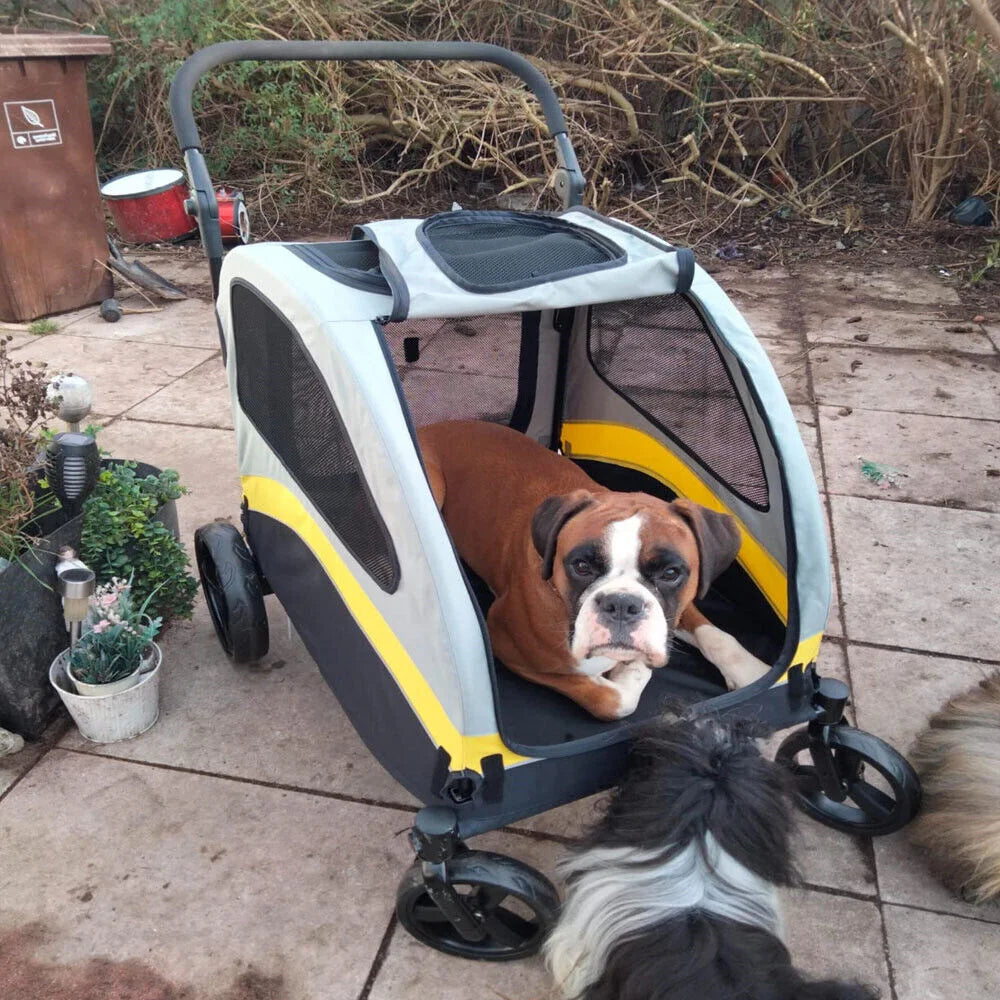 Foldable Four Wheel Dog Stroller With Shock Absorbing Swivel Wheels
