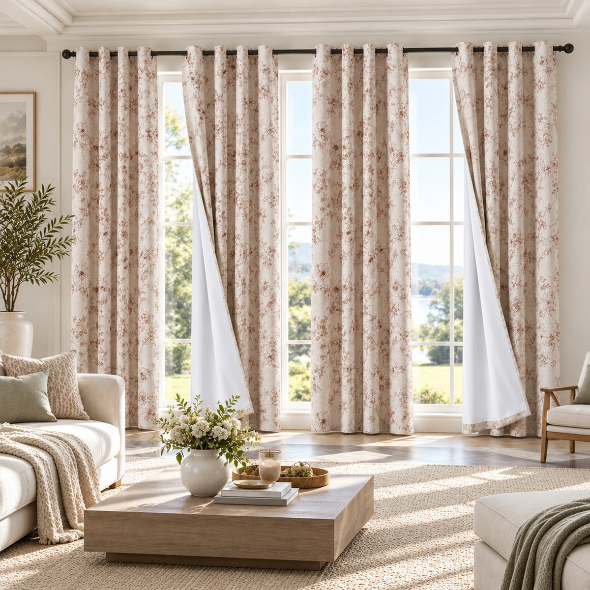 Floral Print Blackout Curtains With Thermal Insulation And Grommets