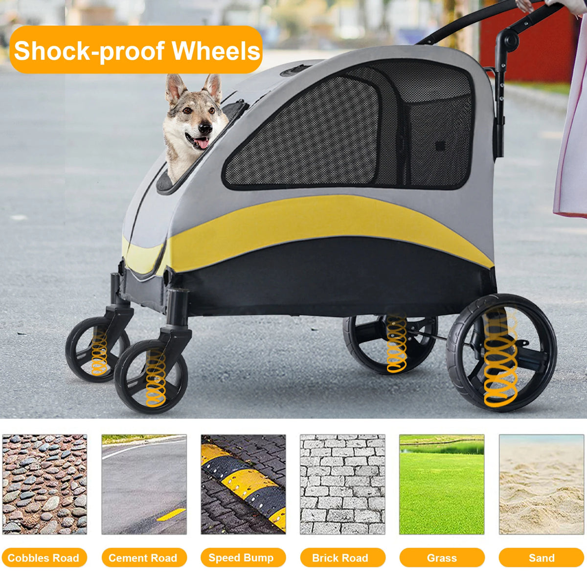 Foldable Four Wheel Dog Stroller With Shock Absorbing Swivel Wheels