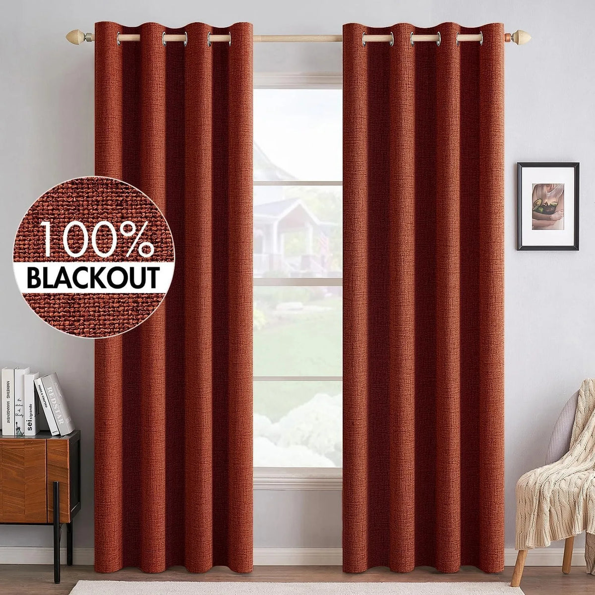 Textured Blackout Linen Curtains With Metal Grommet Top Thermal Insulation